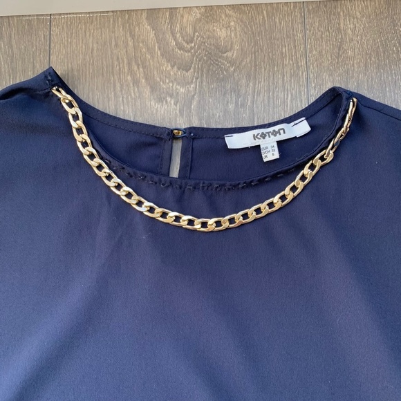 Koton Women’s Blouse Colorblock Gold Chain Short Sleeve Navy White Size 2 - Picture 7 of 12